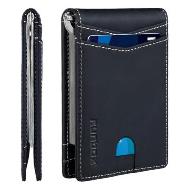 Imagem de Carteira masculina fina com clipe de dinheiro com bloqueio de RFID, 8 porta-cartões, minimalista, pequena, fina, de couro de carbono, dobrável e dobrável, caixa de presente, Z. Azul Atlântico