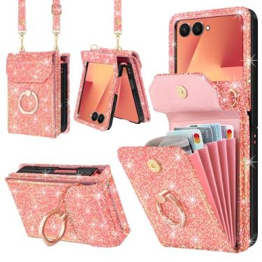 Imagem de Casewind Capa carteira para Samsung Galaxy Z Flip 7 com 5 porta-cartões, capa transversal de couro PU com glitter com suporte de anel de 360° e alça de pulso, capas de telefone femininas à prova de