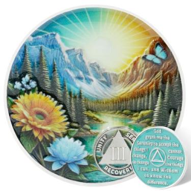 Imagem de Leafence Moeda AA Sobriedade Serenidade Oração Recuperação Chip Montanha e Natureza Design Medalhão AA Inspirador Sobriedade Token para Marcos de Recuperação (Daylight Mountain Sunrise, 3 Anos)