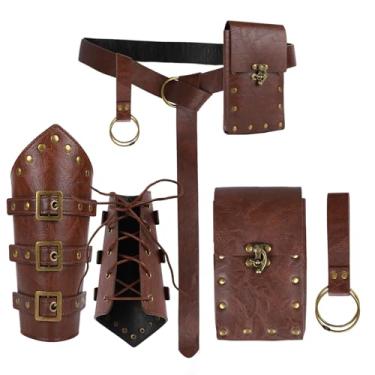 Imagem de YAIZLBCA 4 peças de acessórios de fantasia renascentista, cinto medieval, caminhada de saia, bolsa de cinto e cintas para pirata viking Halloween, Marrom, one