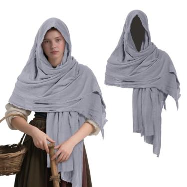 Imagem de ZZXIAOJIE Capa de xaile medieval com capuz, cachecol renascentista, vintage, pirata, capa de feiticeiro, fantasia de cosplay de Halloween, Cinza, Tamanho Único