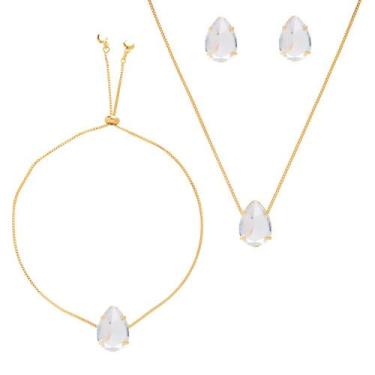 Imagem de Conjunto Pulseira Brinco E Colar Gota Cristal Folheado Ouro - Milena J