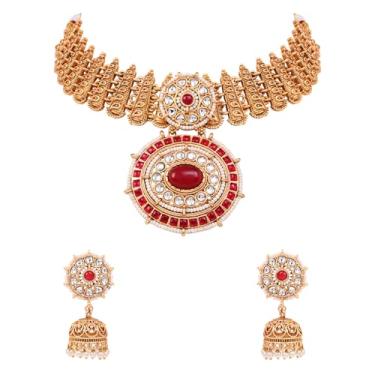 Imagem de I Jewels Conjunto de colar de gargantilha com motivo redondo indiano de Bollywood banhado a ouro com brincos Jhumka para mulheres, Free size, Sem Pedra Preciosa
