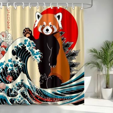 Imagem de LKFBSC Cortina de chuveiro de panda vermelha engraçada, conjunto de cortinas de chuveiro de tecido ondulado do mar animal japonês com ganchos, arte de banheiro infantil 183 x 182 cm