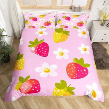 Imagem de Conjunto de capa de edredom de desenho animado de morango, tamanho casal, frutas vermelhas e amarelas, 2 peças para meninos e meninas, linda capa de edredom boêmio margarida (sem enchimento), capa de