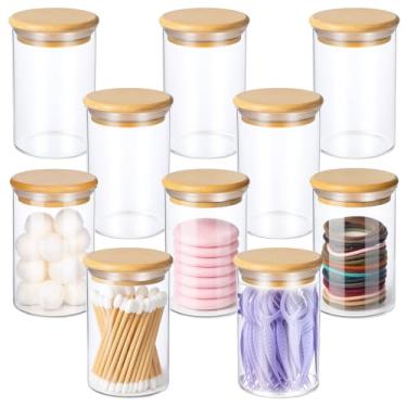 Imagem de Pacote com 10 frascos de boticário de vidro com tampas, suporte Qtip, vasilhas de banheiro, quarto, organizador de vaidade, pequenas bolas de algodão transparentes, acessórios de armazenamento de