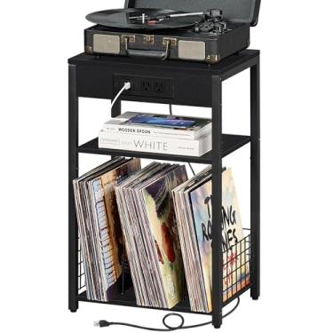 Imagem de Mesa de canto de 3 níveis, suporte para toca-discos com armazenamento de até 100 álbuns, suporte de toca-discos para vinil, prateleira marrom para sala de estar e quarto (preto rústico)