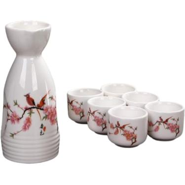 Imagem de JOEUQK Conjunto de copos de saquê japonês, 7 peças, cerâmica, cerâmica, tradicional, artesanato, taças de vinho, conjunto de saquê japonês com 1 garrafa de saquê e 6 xícaras de saquê