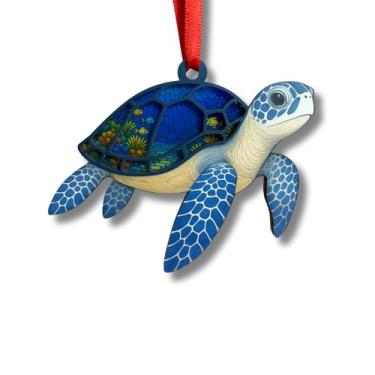 Imagem de Enfeite de tartaruga, enfeites exclusivos de tartaruga marinha, decoração de árvore de Natal de madeira e acrílico, para amantes de animais marinhos, pronto para pendurar e decoração de casa