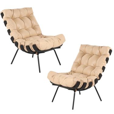 Imagem de Kit 2 Poltrona Decorativa Sala de Estar Costela Base Preta Couro Bege - Gran Belo