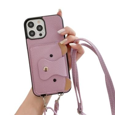 Imagem de Capa de telefone carteira crossbody com cordão para iPhone 14 13 12 Mini 11 Pro XS Max X 8 7 Plus com capa de couro com suporte para cartão, roxa, para iPhone 7Plus (8Plus)