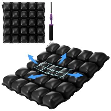 Imagem de Fiwochic Almofada inflável para assento de ar, tapete portátil de alívio de pressão 40,6 x 40,6 cm com bomba e capa lavável para cadeira de rodas, carro, suporte para dor nas costas