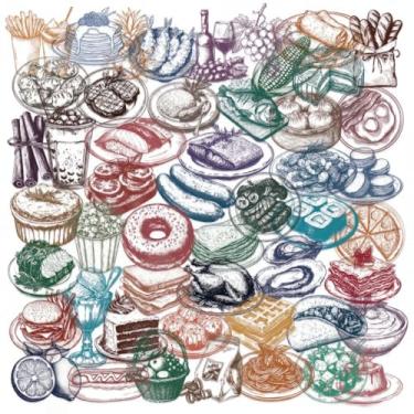 Imagem de 50 peças de adesivos de comida, adesivos transparentes de arte de linha de desenho animado PET de bolos, pão, sushi, frutas, batatas fritas para álbuns, diário, garrafas de água, laptops, artesanato