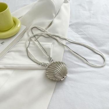 Imagem de Bolsa de jantar em forma de concha linda bolsa de batom prata com corrente de pérola bolsas femininas (prata)