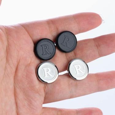 Imagem de Abotoaduras masculinas prata preto conjunto camisa aço inoxidável abotoaduras iniciais gravadas abotoaduras letra alfabeto A-Z presente para homens, standard, Aço inoxidável, Sem Pedra Preciosa