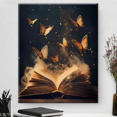 Imagem de Livro de estética borboletas decoração de arte de parede vintage Dark Academia Canvas Print Poster quadro para leitura doméstica canto biblioteca decoração 20 x 25 polegadas, presentes para amantes de