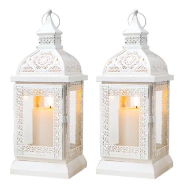 Imagem de TRIROCKS Conjunto de 2 lanternas de metal estilo rústico 33 cm de altura decorativa para uso externo com vidro temperado para casa, sala de estar, jardim, pátio, festas, ambientes internos e externos