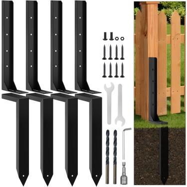 Imagem de Kit de reparo de poste de cerca de 4 unidades, âncora de poste de cerca de base ajustável, estacas de suporte de aço resistente para consertar postes de madeira inclinados ou danificados