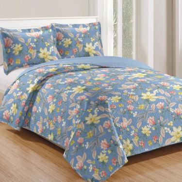 Imagem de Kit Cobre Leito Colcha Mix King Estampado Dupla Face Floral 3 Peças - Leona