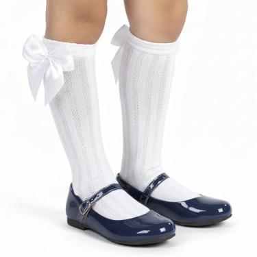 Imagem de Kit Infantil Sapatilha Festa com Meia Alta Branca Laço Cetim Sapato Boneca Elegante para Meninas (Azul Marinho, BR, Criança de 1 a 3 anos, Numérico, 21)