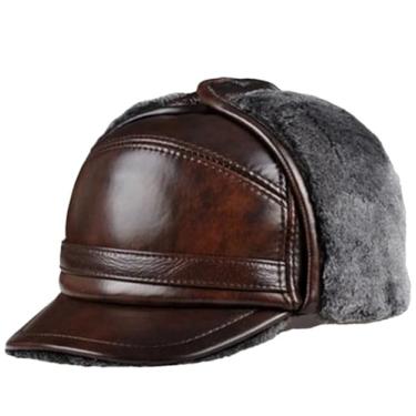 Imagem de Chapéu bomber masculino de inverno quente de couro genuíno pele sintética dentro de bonés tamanho ultra grande, Marrom, 54 55 CM
