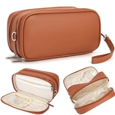 Imagem de XIAOLER Bolsa de maquiagem para mulheres, organizador de maquiagem aberto com suporte de pincel de maquiagem, bolsa de cosméticos à prova d'água com compartimento, bolsa de higiene portátil para