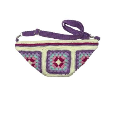 Imagem de Bolsa transversal de crochê feita à mão, estampa quadrada de vovó, multicolorida roxa com alça ajustável, 30,5 x 18 x 7,6 cm