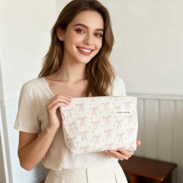 Imagem de Bolsa de maquiagem feminina, bolsa cosmética de grande capacidade para viagens, organizador de higiene pessoal com zíper, Laços bege, Laços bege