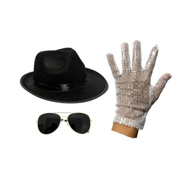 Imagem de EverJoy Party Chapéu Fedora, luva de lantejoulas e óculos de sol – Conjunto icônico de fantasia inspirado em artistas para Halloween, cosplay e eventos de fantasia