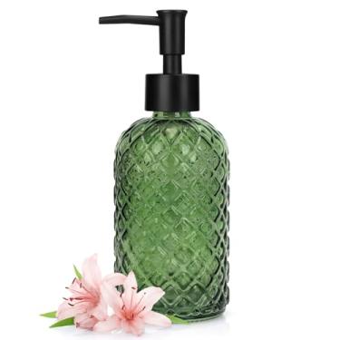 Imagem de Dispensador de sabão de vidro de 400 ml com bomba de plástico, dispensador de sabão de mão recarregável com design de diamante para lavar as mãos, banheiro e cozinha (verde militar)