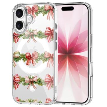 Imagem de OFQKOAKS Capa para iPhone 15 Pro Max, compatível com MagSafe, linda capa de telefone magnética com guirlanda de laço de Natal, capa protetora fina e macia transparente para mulheres e meninas