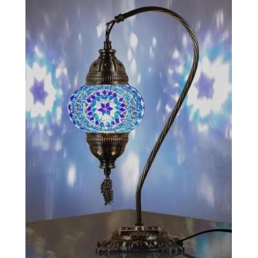 Imagem de DEMMEX Candeeiro de mesa de mosaico marroquino turco – cabeceira de vidro colorido com gola de cisne em estilo Tiffany feito à mão, mesa, luminária de mesa, iluminação de destaque artesanal boho para