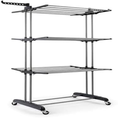 Imagem de Varal de Chão Dobrável com 3 Andares, 6 Prateleiras, Aço e ABS, Cinza, com Rodízios 360°, Capacidade 48kg, 170x70x65cm