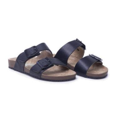 Imagem de Sandália Papete Slide Couro Feminina Calce Fácil Fivela Resistente Con