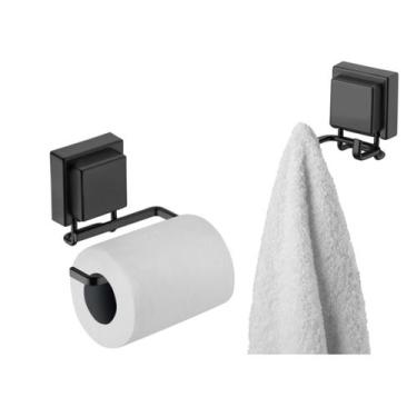 Imagem de kit lavabo banheiro preto fosco ventosa 02 peças Future porta papel hi