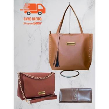 Imagem de Kit 3 Peças Bolsas Femininas Grande Transversal Carteira Barata Moda  