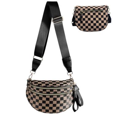 Imagem de Bolsa transversal quadriculada para mulheres, bolsa quadriculada de nylon, pochete grande, bolsa tiracolo, Preto/Marrom, One Size, Xadrez