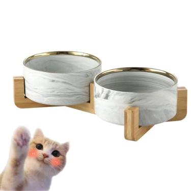 Imagem de Tigela de cerâmica para cães e gatos com suporte, tigelas modernas de cerâmica com efeito de pedra com suporte de bambu antiderrapante para cães pequenos e médios, design de mármore moderno, seguro