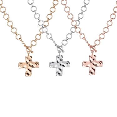 Imagem de Pacote com 3 colares de cruz grossa para mulheres – banhado a ouro 14k, banhado a prata e ouro rosa com pingente de cruz martelada | Joias Bold Faith | Fecho de alternância | Conjunto de camadas de