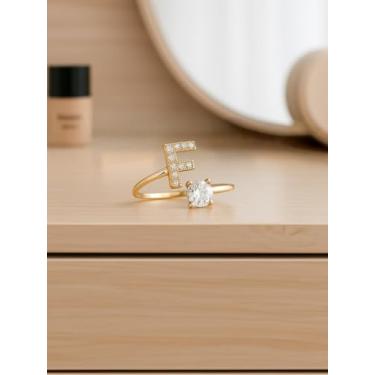Imagem de Anéis para mulheres, simples, bonitos, empilháveis, conjunto para mulheres, moderno, anéis delicados, letras A-Z, ouro, One Size, Liga de aço, Sem pedra preciosa