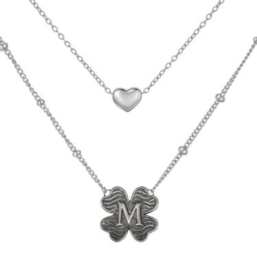 Imagem de MANZHEN Colar feminino com coração e trevo em camadas, inicial A-Z, design decorativo de elos de corrente, joias antigas, 18 Inches, Metal, Sem Pedra Preciosa