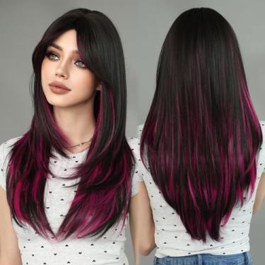 Imagem de 7JHH WIGS Peruca Natural Preta Marrom Rosa Rosa Alta Luz Em Camadas Com Franja Cortina Longa Reta Corte Pixie Perucas De Fibra De Cabelo Sintético Resistente Ao Calor De Aparência Natural Para Mulhe