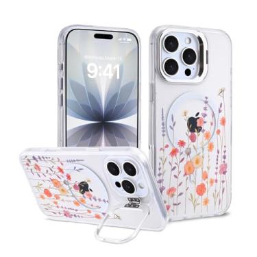 Imagem de Idocolors Capa magnética para iPhone 16 Pro Max, compatível com Magsafe, suporte de anel de lente embutido, linda capa de telefone floral transparente para mulheres e meninas