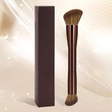 Imagem de 1 pincel de maquiagem de tubo de alumínio de ponta dupla com caixa de papel para aplicar blush, definir pó e outras maquiagens em pó, feito com cerdas macias (café escuro)