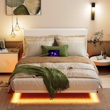 Imagem de ARFARLY Estrutura de cama flutuante com cabeceira estofada, estrutura de cama com estação de carregamento e luzes LED (branco, completo)