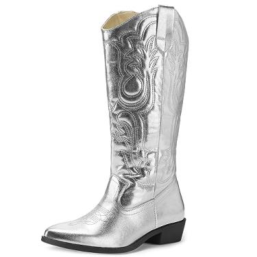 Imagem de mysoft Botas de cowboy para mulheres, cano médio, bordadas, bico fino, salto grosso, cano alto, Prata, 4.5 UK