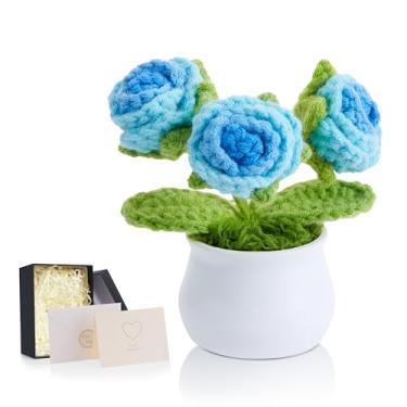 Imagem de LAIDANLA Flores de crochê, rosas azuis, gradiente, mini vasos de plantas, feito à mão, apreciação do Dia dos Namorados, aniversário, Natal, aniversário, flores tricotadas para decoração de mesa de