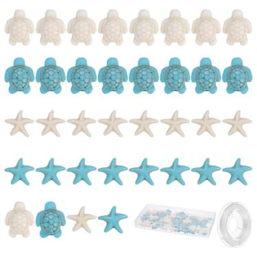 Imagem de YOKIVE 200 peças de contas de estrela do mar, orifício de 1 mm, 2 estilos, contas sintéticas turquesa, verão, mar, oceano, animal, berloque com fio elástico e caixa, ótimo para fazer joias DIY (azul