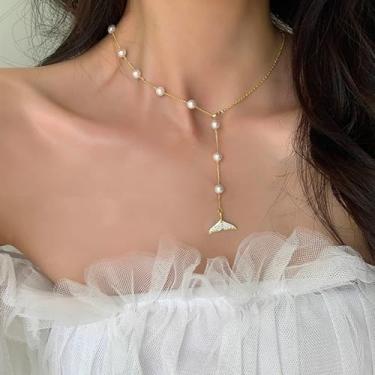 Imagem de Colar feminino Boho Pearl Y Lariat, com cauda de peixe, cauda de sereia de cristal, joia de corrente em Y para meninas