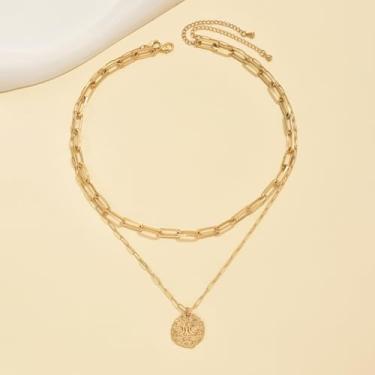 Imagem de Colar feminino com pingente de moeda em camadas douradas, vintage de corrente dupla, colar retrô em camadas